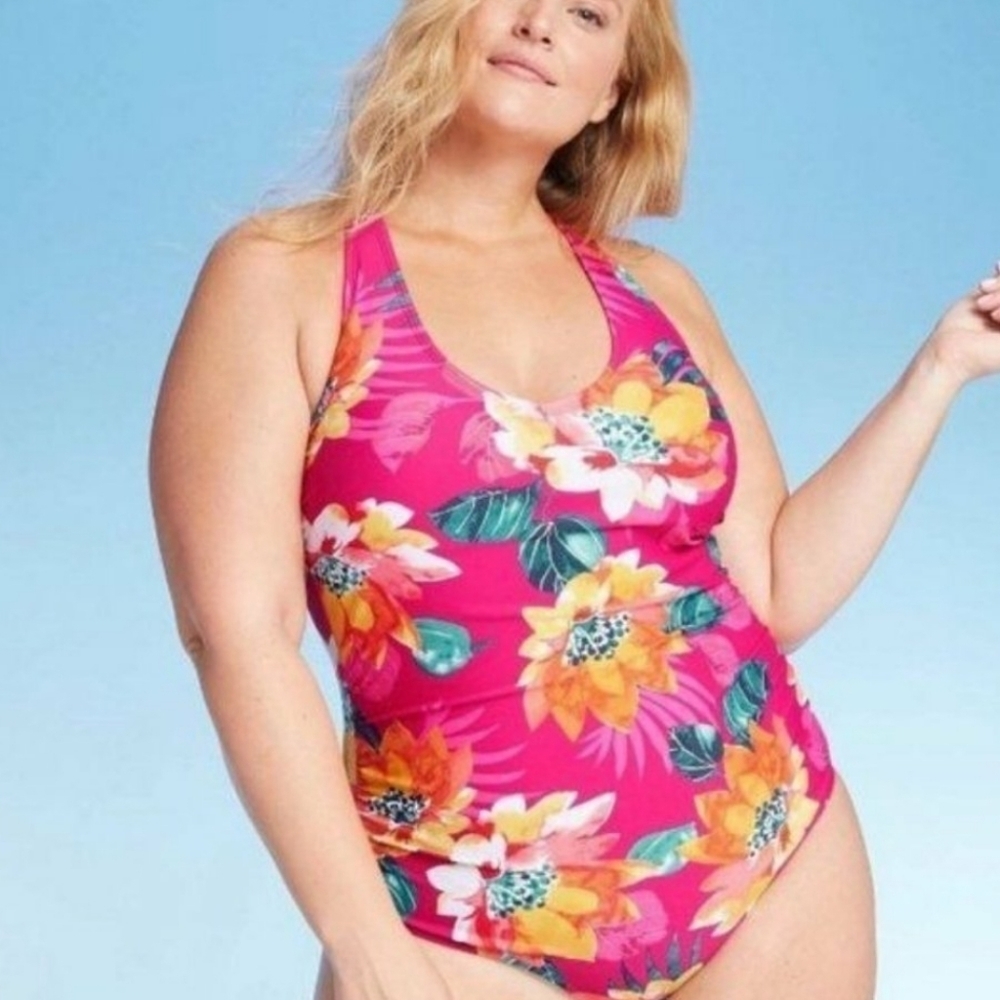 Kona Sol Pink Floral Strappy Swimsuit Size 14W